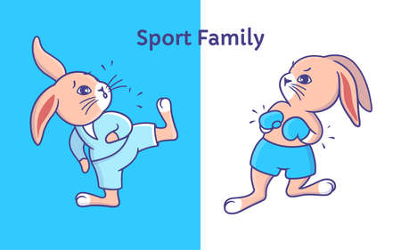 The funny rabbits in sport style. Cartoonish boy bunnies are do exercises. Good for family look designs, t-shirts, stickers, etc. Animals - boxers, karate. This is a vector illustrationのイラスト素材