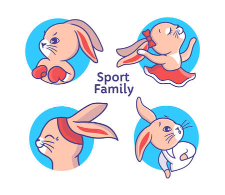 Set of colorful sport bunnies. Cartoon rabbits illustrationのイラスト素材
