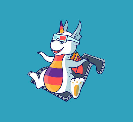 The little dragon is watching a movie and flying on retro cine-film. Rainbow unicorn-monster is good for t-shirts, cloth designs, etc. This design concept is a vector illustrationのイラスト素材