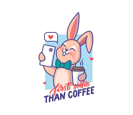 The Easter bunny is taking selfie and drinking. Cartoonish rabbit with a phrase - First selfie, than coffee. Good for t-shirts, cloth designs, stickers, ads, etc. This is a vector illustrationのイラスト素材