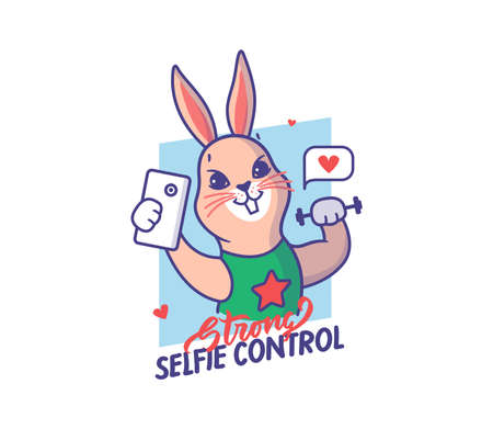 The Easter rabbit is taking a selfie and shaking a dumbbell. Cartoonish bunny in the shirt with a phrase - Strong selfie control. Good for cloth designs, stickers, ads, etc. Vector illustrationのイラスト素材