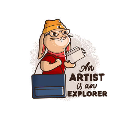 The Easter bunny is a hipster and an artist. Cartoonish retro rabbit in the hat with a lettering phrase and a texture. Good for cloth designs, stickers, ads, etc. Vector illustrationのイラスト素材