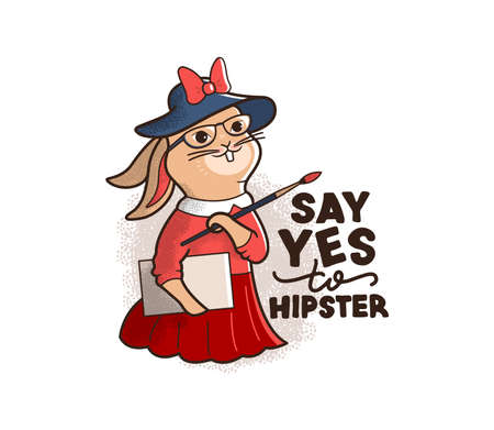 The bunny-girl is a hipster and an artist. Cartoonish vintage rabbit with a brush, a lettering phrase and a texture. Good for cloth designs, stickers, ads, etc. Vector illustrationのイラスト素材