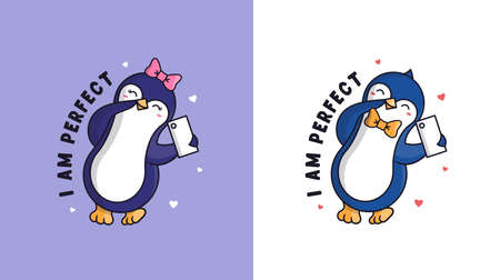 A boy and a girl penguins are taking a selfie. Cartoonish animalsのイラスト素材