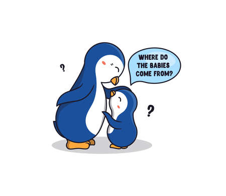 The Family penguins a talking to each other. Cartoonish animals with a cloud phrase Where do the babies come from. Good for designs, t-shirts, stickers, etc. Vector illustrationのイラスト素材