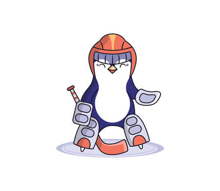 The Penguin is a hockey player. Cartoonish animal character on ice in a uniform. Good for sport designs, t-shirts, clothes, logos, ads etc. This emblem is a vector illustrationのイラスト素材
