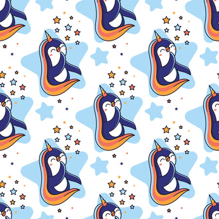 Cartoonish penguin-unicorn with rainbow and stars. This print, textureのイラスト素材