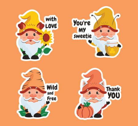 The set of stickers cartoonish gnomes with text and phrases. The collection of funny characters with pumpkin, sunflower, honey, and popular quotes. The vector illustrationのイラスト素材