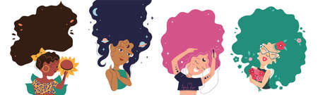 The collection magic womans with multicolored hairstyle are good for International Day of the Girl Child designsのイラスト素材