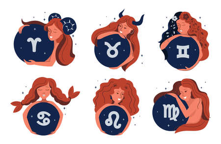 The set of Magic girl and a zodiac symbols. The cartoon character is good for astrology, horoscopes, constellation, etc. The collection stylized and vector illustrationのイラスト素材