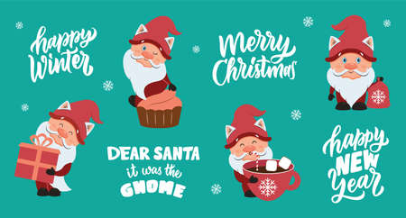 The Christmas and Happy New Year set. The collection cartoon gnomes with hand-drawn textのイラスト素材