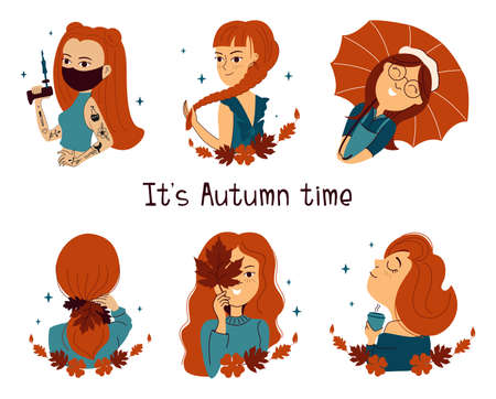 The set of redheads girls. The collection cartoons women are good for autumn time designs, stickers, etc. The funny vector illustrationのイラスト素材
