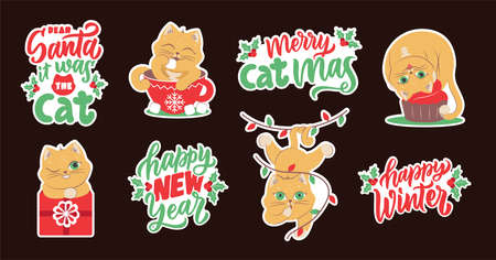The stickers of winter animals with lettering quotes about happy holidaysのイラスト素材