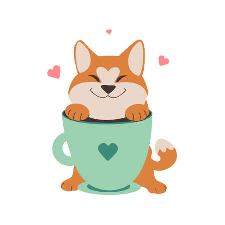 The puppy is an Akita with cup is good for coffee shops, posters, stickers. The dog in love for holiday designs. The vector illustrationのイラスト素材
