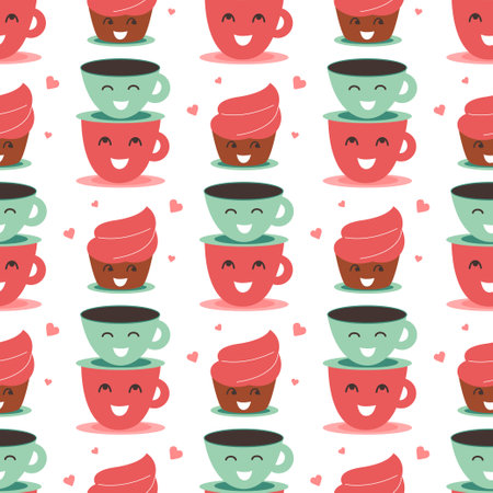 Cupcake and coffee is a texture. The sweet cups, a seamless pattern, is good for shops. The romantic print on the white background isolated. The creative design in a vector illustrationのイラスト素材