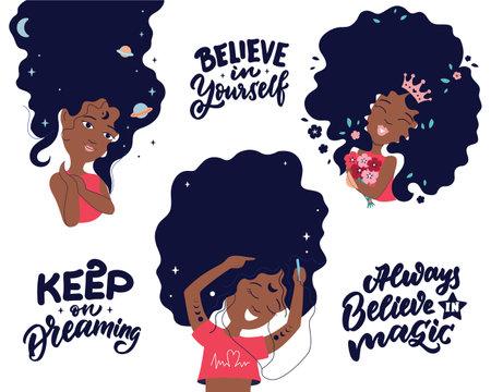 The set of African girls with magic quotes. The collection Afro women and lettering phrases for black girl holiday designs. Vector illustrationのイラスト素材