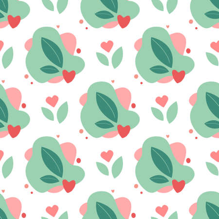 The abstract shape in a seamless pattern. The modern graphic elements, colored shapes and spring or summer leaves on the white background isolated. The texture, print in a vectorのイラスト素材
