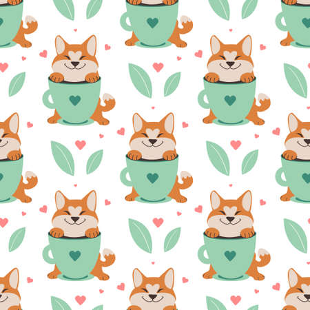 Akita love drinking coffee is a texture. The puppy with cup is a seamless pattern is good for shops. The romantic print on the white background isolated. The creative design in a vector illustrationのイラスト素材