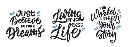 The set of lettering quotes, slogans, and phrases. The motivational text for t-shirt designs, posters, cards,  etc. Vector illustrationのイラスト素材