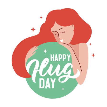 The design girl hugging circle and lettering phrase. The slogan, Happy hug dayのイラスト素材