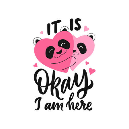 It is okay I am here. The pandas hugging and lettering phraseのイラスト素材