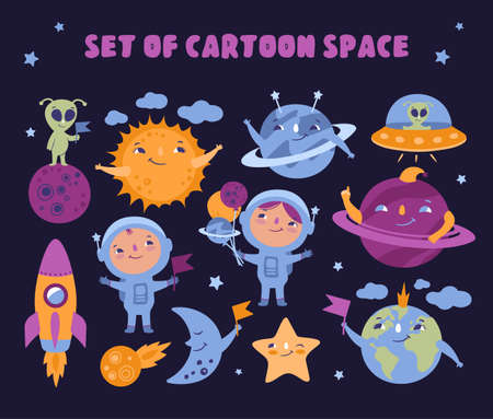 The set of cartoon space clipart. The astronauts and planets are a vector illustration. The cosmic elements are good for stickersのイラスト素材