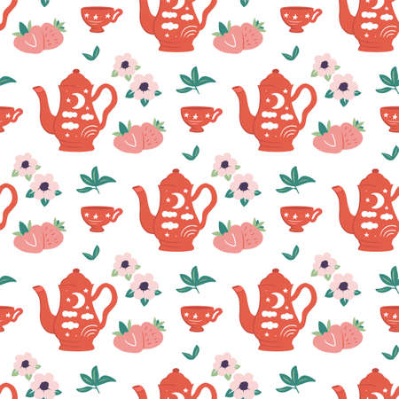 The red seamless pattern is in a vector illustration. This strawberry, chamomile tea printのイラスト素材