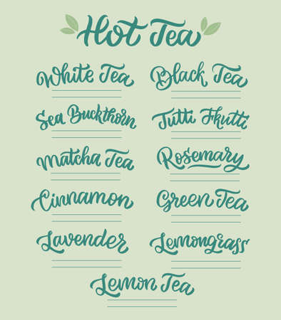 Set of handwritten lettering hot tea. The collection calligraphic design menu for green and black drinksのイラスト素材