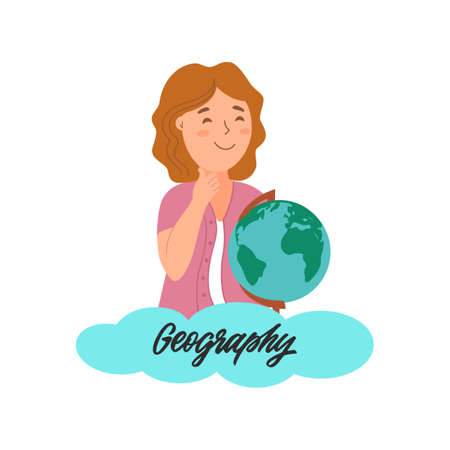 This is a cartoon girl student holding a globe in a geography lesson studying countries. School illustrationのイラスト素材