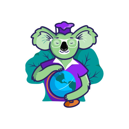 Cartoon koala holding a globe as a symbol of a smart and curious personのイラスト素材