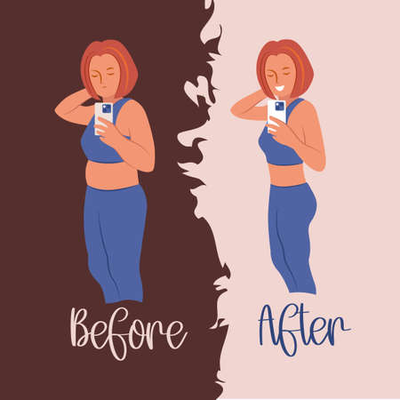 The illustration before and after. A fat and slim girl takes a selfieのイラスト素材