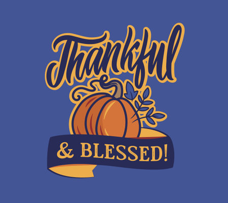 The retro card for Happy Thanksgiving day. The autumn slogan Thankful and blessedのイラスト素材