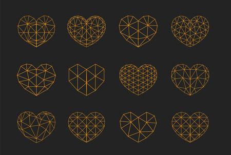 Set of polygonal geometric hearts in the line art styleのイラスト素材