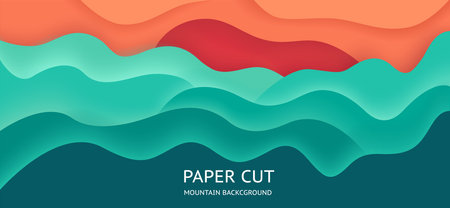 Paper cut abstract mountain landscape. Green sunset backgroundのイラスト素材