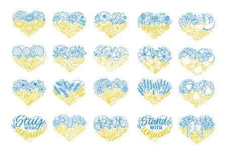 Set of hand drawn Ukraine heart decorative with flowers for Ukrainian designsのイラスト素材