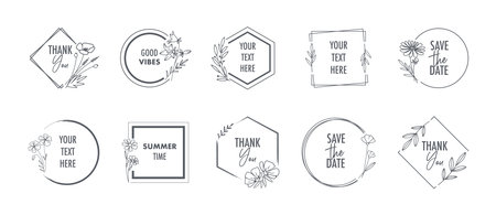 Set of flowers frames. Vector set of line floral logos, hand-drawn illustrationのイラスト素材