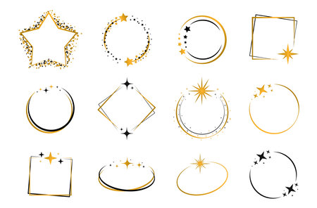 Set of round and square frames with stars, golden designのイラスト素材