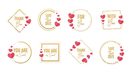 Set of gold frames with hearts and love text for Valentines dayのイラスト素材