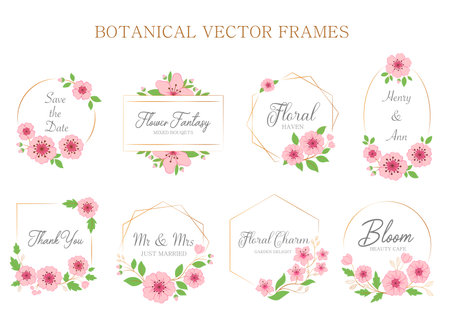 Set of pink sakura, botanical frames with text for wedding. Vector illustrationsのイラスト素材