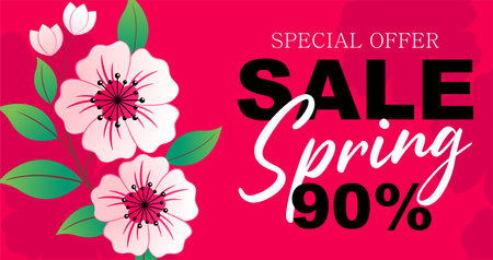 Flowers banner with sakura, on a pink background. Special offer templateのイラスト素材