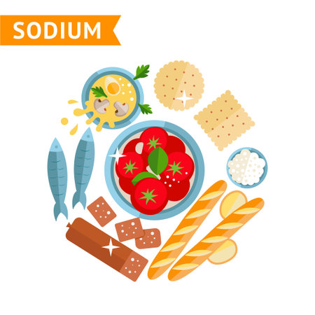 Set of different foods that contain sodium, used for info graphics, design templateのイラスト素材