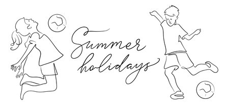 The kid banner in line art with text summer holidays, hand-drawn children playing in footballのイラスト素材