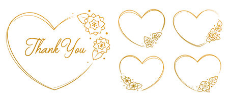 Golden Heart Frames, Floral Line Art wreath for Photos, Letters, Valentine Day and different decorのイラスト素材