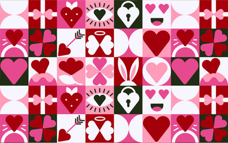 Valentine Day Romantic Seamless Pattern, Pink, Red, and White Love Icons in Bauhaus