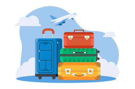 Travel concept image with stack of bags, suitcases against sky and airplane taking offのイラスト素材