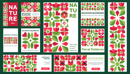 Modern Floral Bauhaus Seamless Patterns, Banners, Posters. Abstract Designs and Folk-Inspired Themes