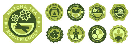Green and Black Tea Badge Set. Labels, Stamps, and Icons Celebrating Nature Rich Brewsのイラスト素材