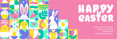The Happy Easter banner template with Seamless Pattern, Geometric Icons and Text