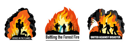 Three Conceptual Silhouette Illustrations Featuring Firefighters in Action with Text for Postersのイラスト素材