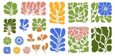 Colorful Retro Curves. Set of Organic Flower Shapes, Abstract Nature Symbols, Patterns, Elementsのイラスト素材